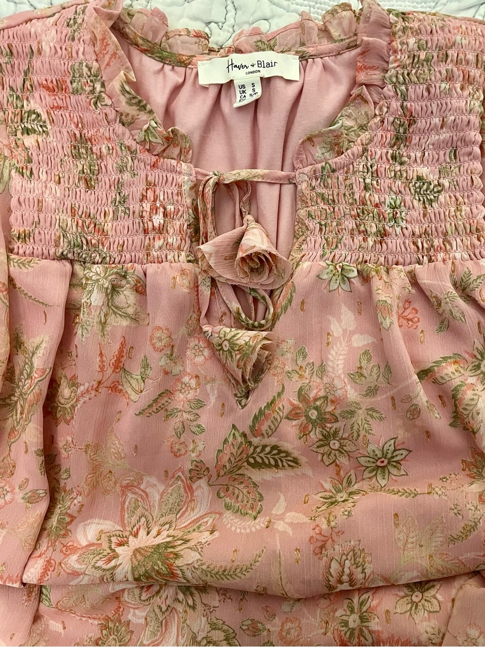 Haver & Blair London Pink Floral Smocked Boho Blouse Size Small